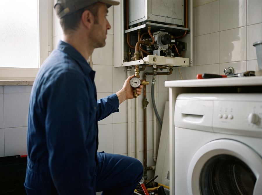 Un tecnico che controlla una caldaia