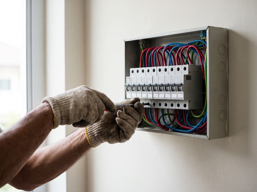 Un elettricista al lavoro su un quadro