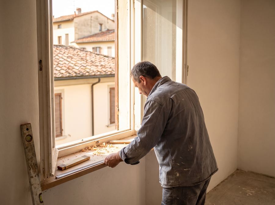 Un serramentista che misura una finestra